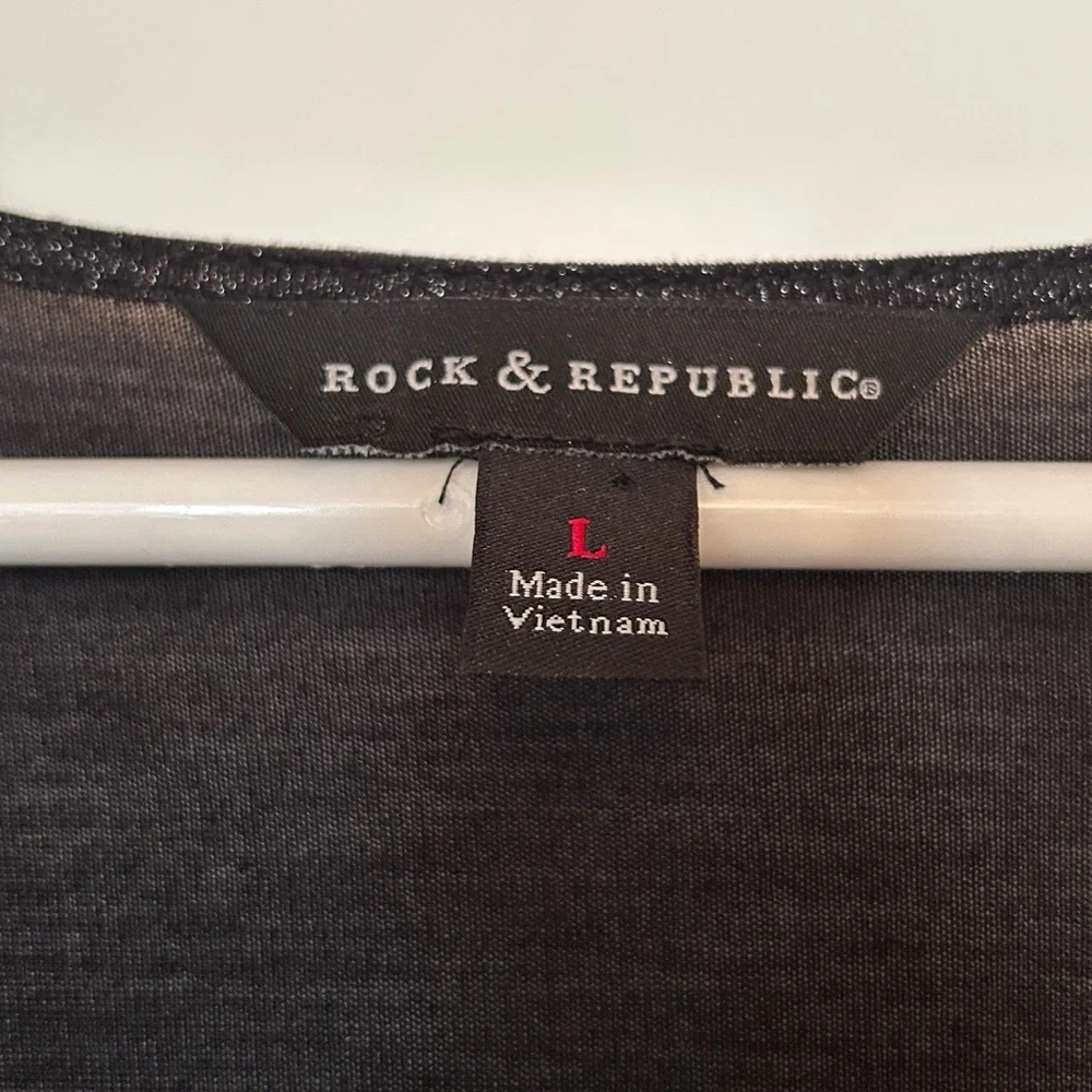 Rock & Republic Metallic LS Top L Black/Silver NWOT Draped Glam Sparkle